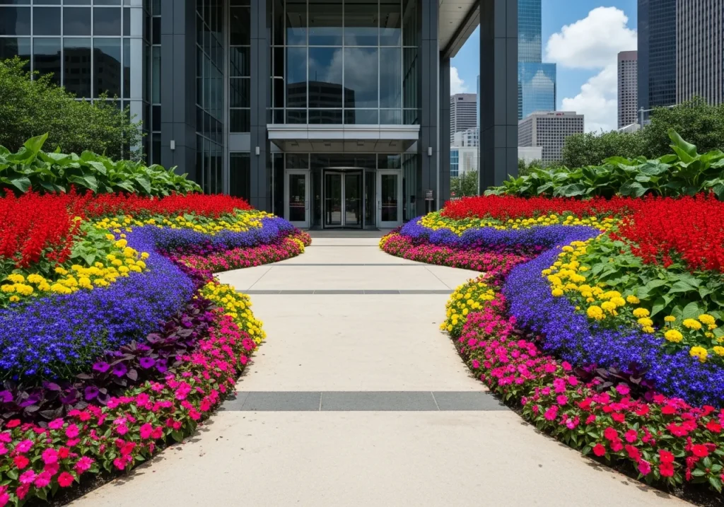 Colorful seasonal flower beds at entrance of Houston commercial building