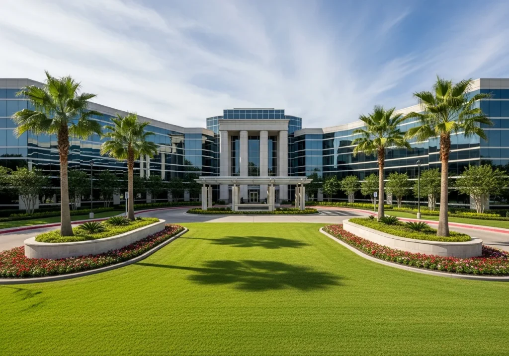 Pristine landscaped entrance of Houston Texas commercial office park