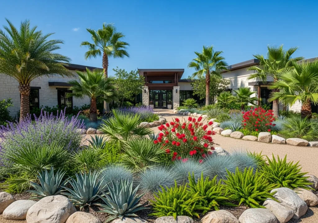 Lush tropical landscaping at completed Texas commercial property with native plants